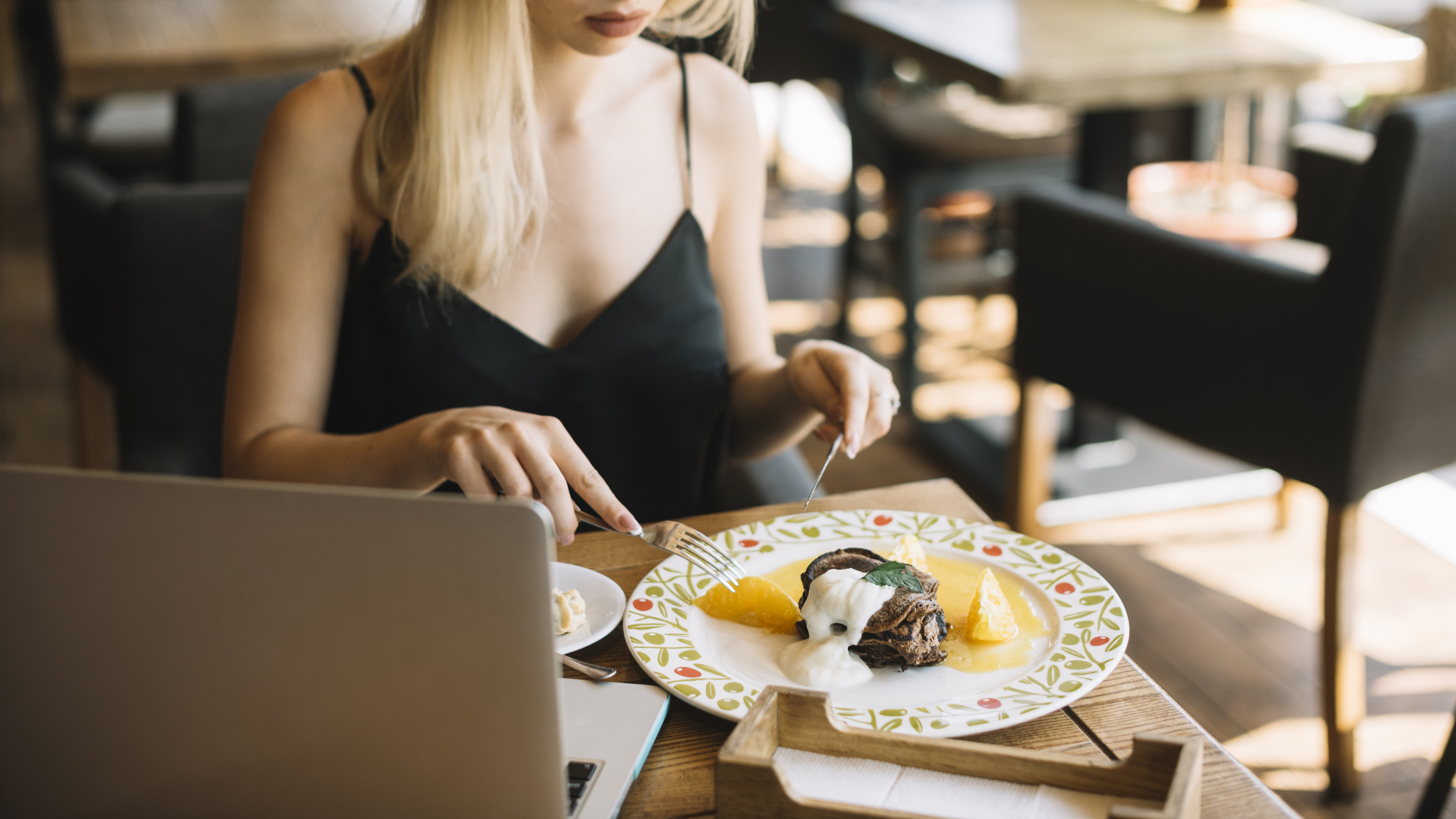 Close Up Woman Eating Dessert With Fork Butter Knife