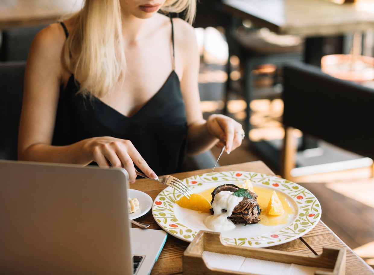 Close Up Woman Eating Dessert With Fork Butter Knife
